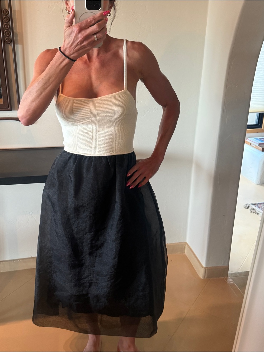 Maeve Two-Tone Ivory Top with Black Midi Skirt